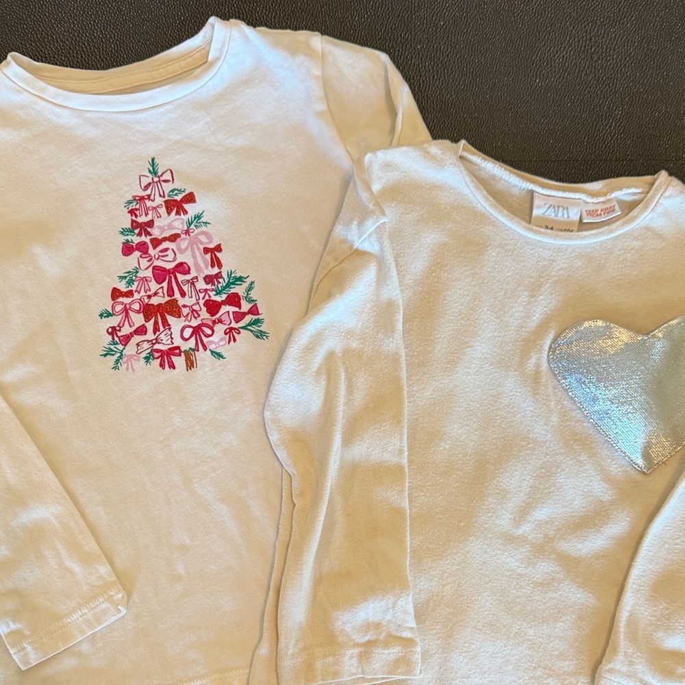 Zara and Crewcuts White Long Sleeve Tees with Festive Tree and Heart Designs 3-4